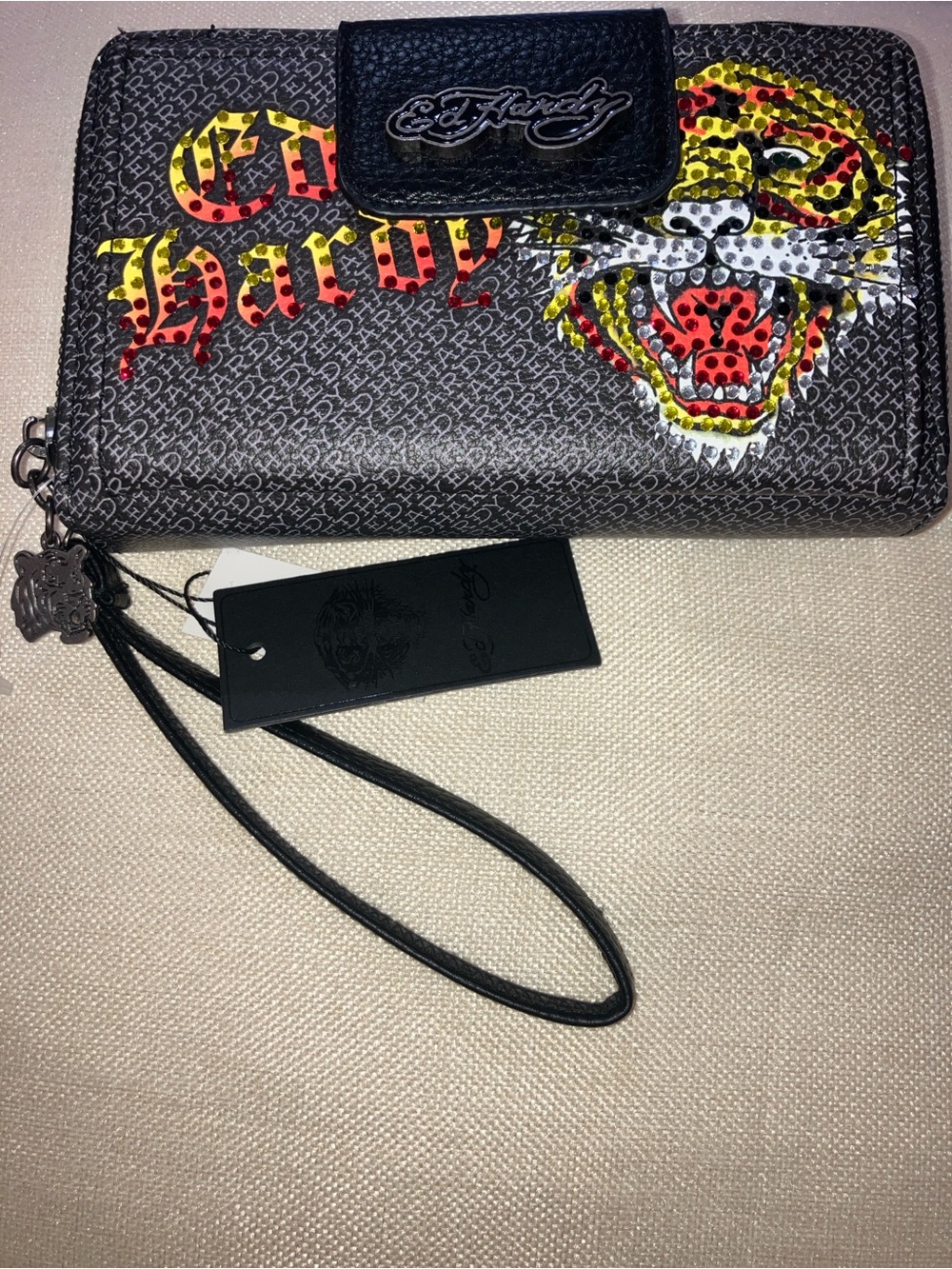 Ed Hardy Double Zip Wristlet Wallet/Clutch with Rhinestone Tiger NWT